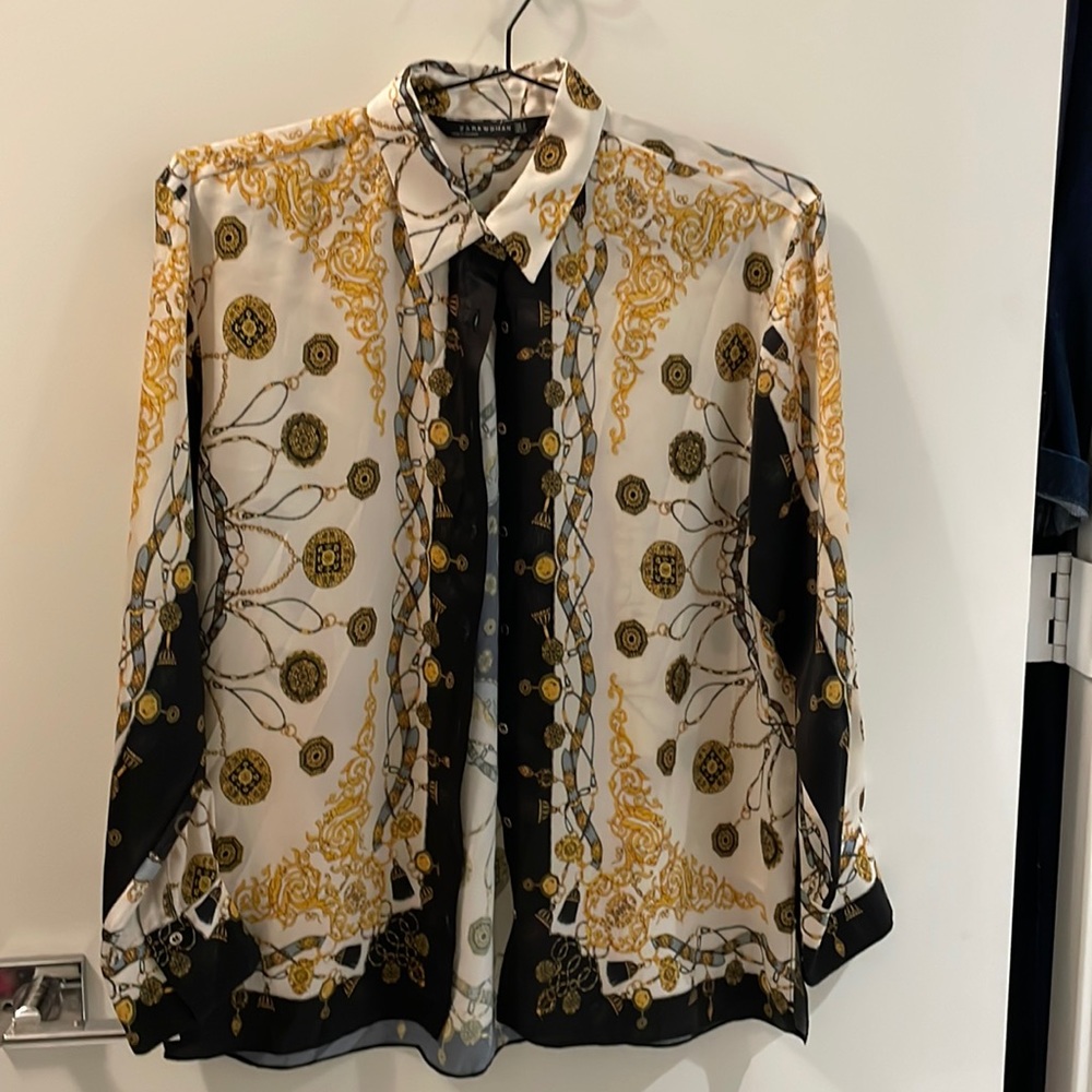 Zara yellow blk beige all over print blouse